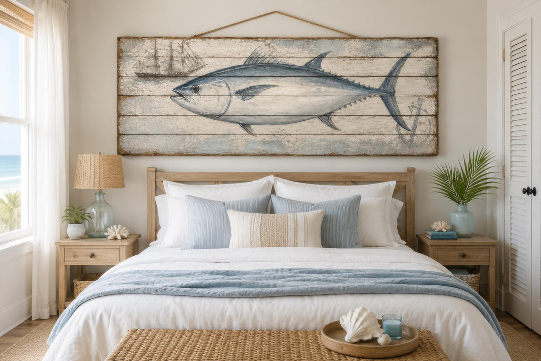 Bluefin Tuna Wall Art – Distressed Wood Plank Coastal Fish Decor with Nautical Charm – Wall Decor Delights