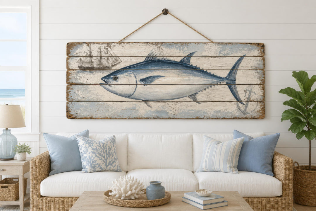 Bluefin tuna illustration on a distressed wood plank wall art piece in a coastal living room.