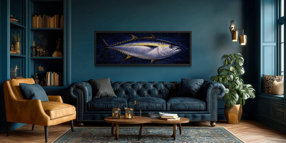 Long horizontal canvas painting of a bluefin tuna swimming in deep navy water on a dark blue wall.