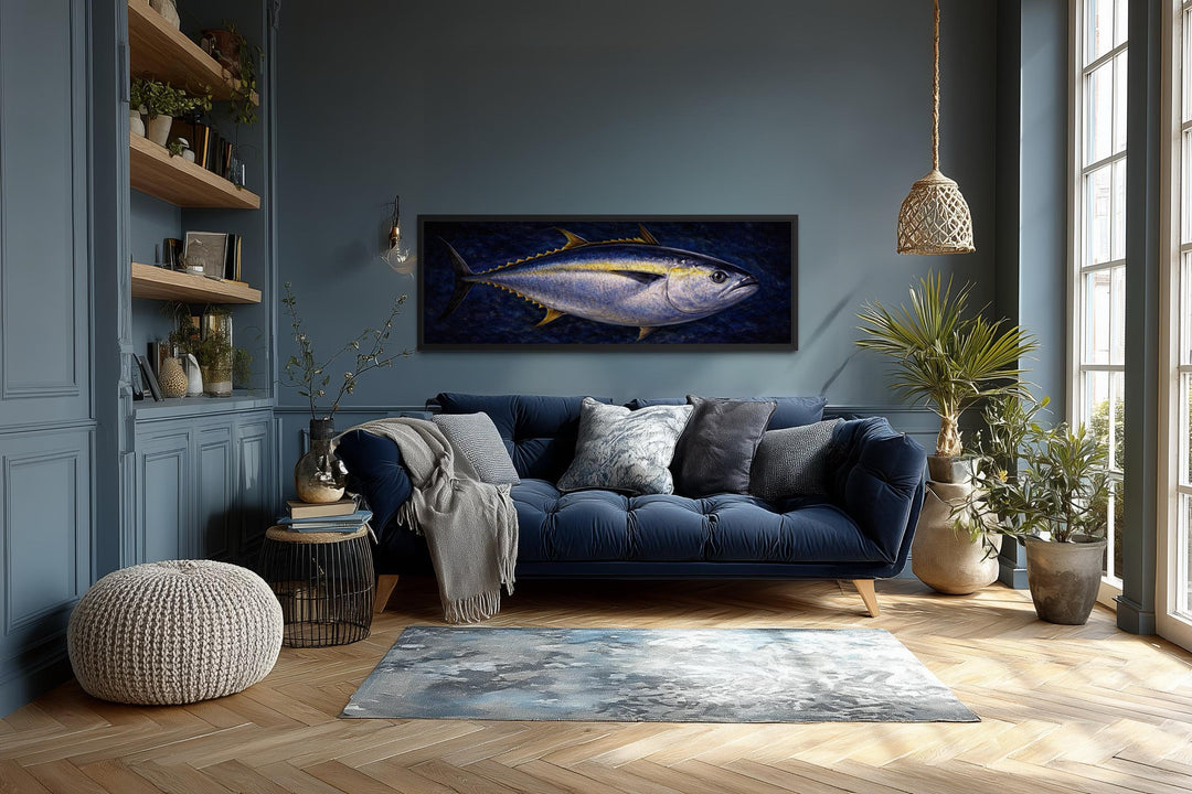 Long horizontal canvas painting of a bluefin tuna swimming in deep navy water for nautical decor.