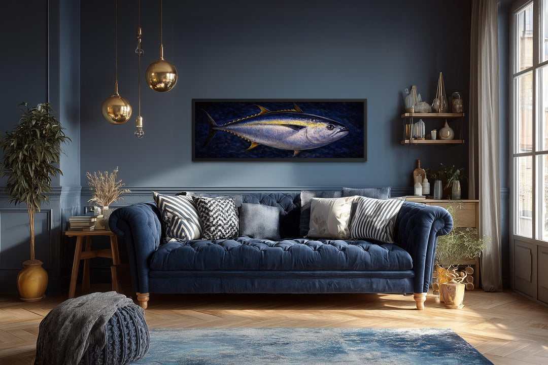 Long horizontal canvas painting of a bluefin tuna swimming in deep navy water on a dark blue wall.