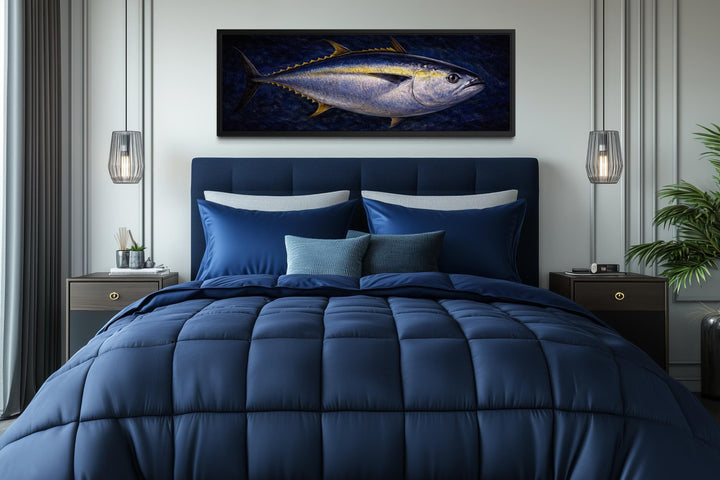 Bluefin Tuna Wall Art featuring a long horizontal canvas fish painting in a modern bedroom.