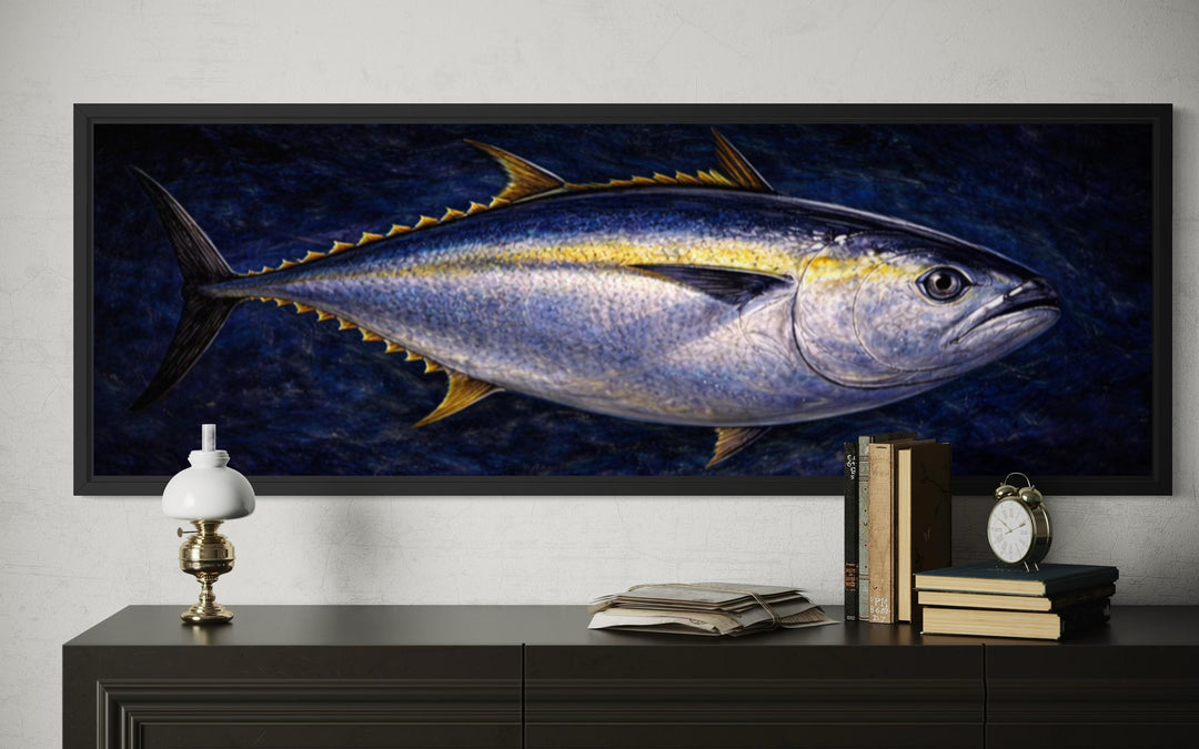 Long horizontal canvas painting of a bluefin tuna swimming in deep navy water.