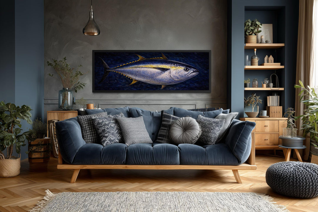 Long horizontal canvas wall art featuring a realistic bluefin tuna painting in a modern living room.
