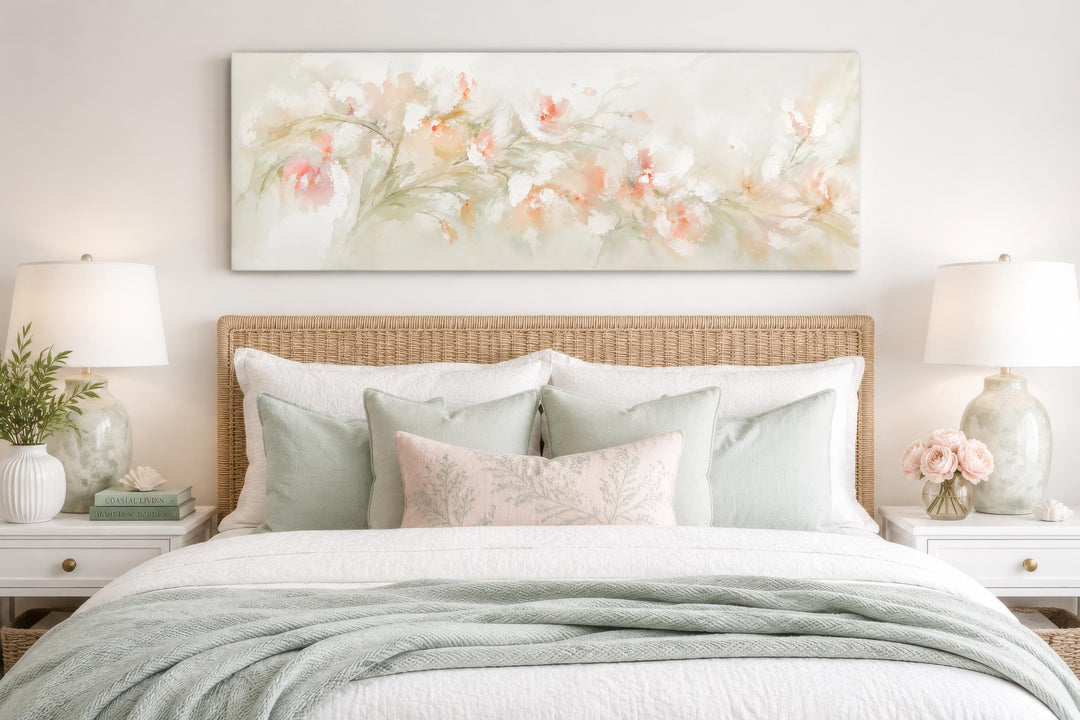 Long horizontal watercolor painting of blush pink and peach flowers above a bed with green pillows.
