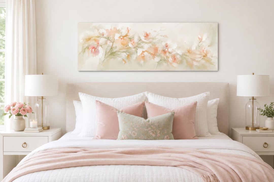 Blush pink and peach watercolor floral canvas wall art hanging above a bed with pink pillows.