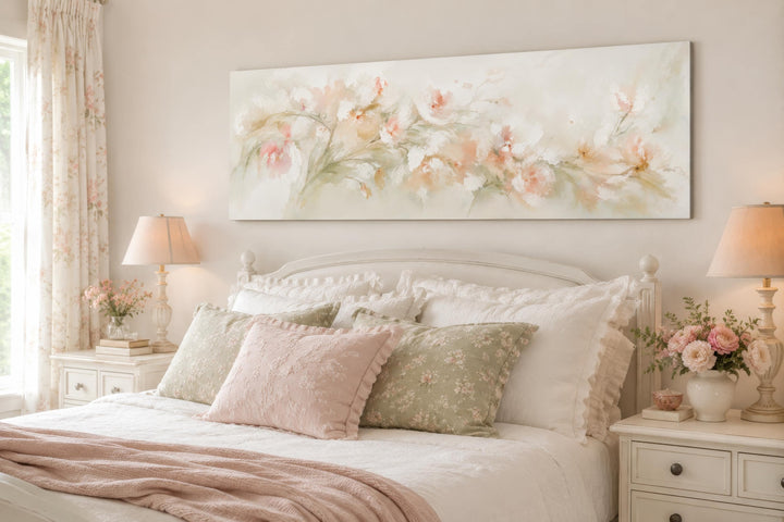 Blush pink floral watercolor canvas painting hanging above a bed with floral pillows and lamps.