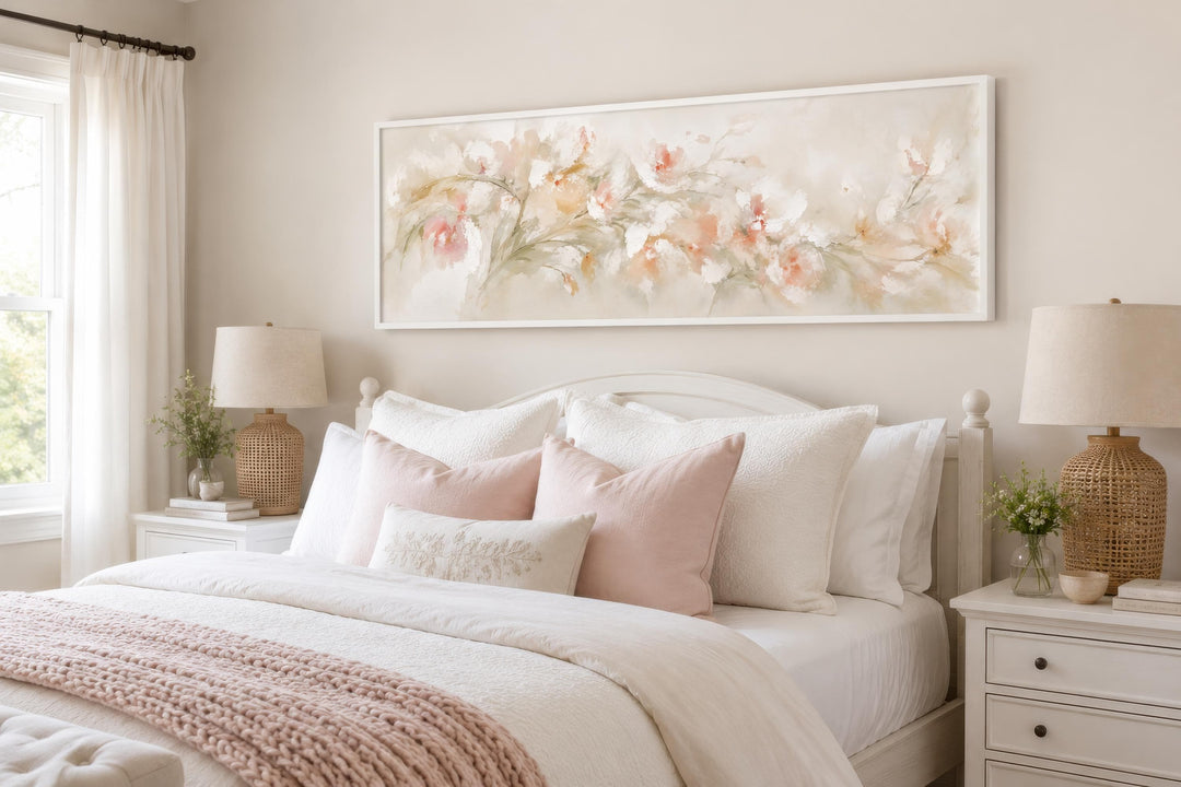 Blush pink floral watercolor canvas painting in a long horizontal frame above a white bed.