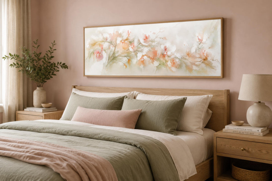 Long horizontal watercolor canvas painting of blush pink and peach flowers above a wooden bed.