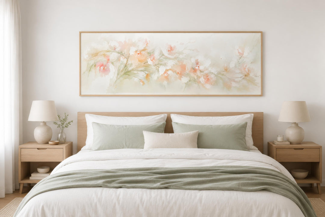 Blush pink floral watercolor canvas painting in a long horizontal frame above a bed.