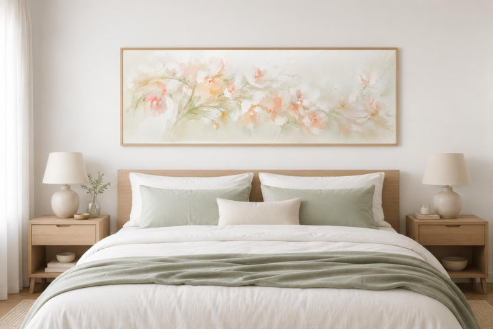 Blush pink floral watercolor canvas painting in a long horizontal frame above a bed.