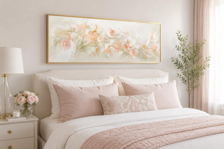 Blush pink floral watercolor canvas wall art in a gold frame hanging above a bed with pink pillows.