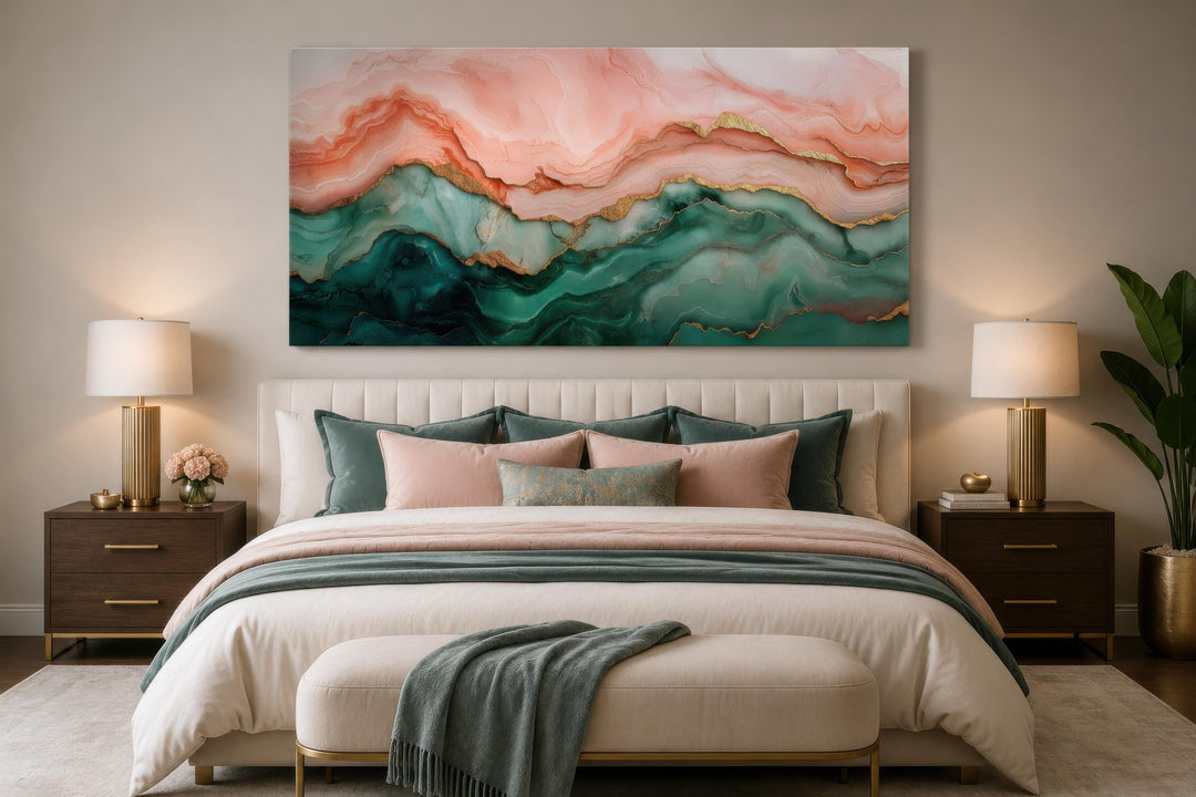 Large horizontal abstract canvas art with pink, teal, and gold marble patterns above a bed.