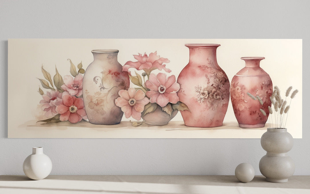 Blush Pink Sage Green Long Horizontal Floral Vases Framed Canvas Wall Art