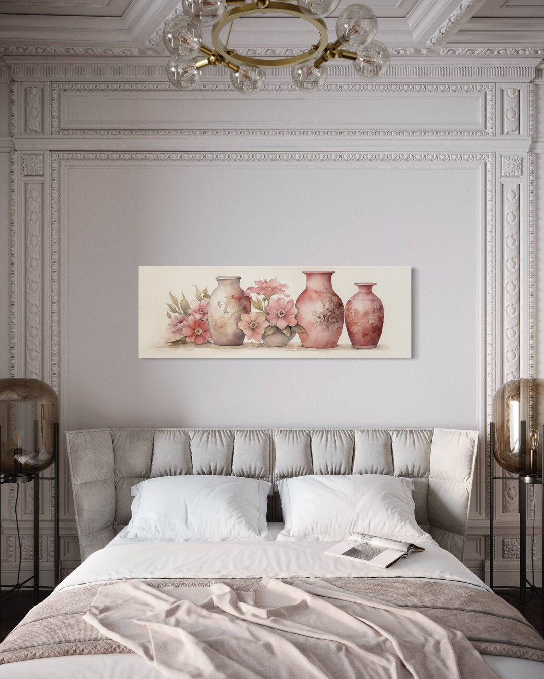 Blush Pink Sage Green Long Horizontal Floral Vases Framed Canvas Wall Art