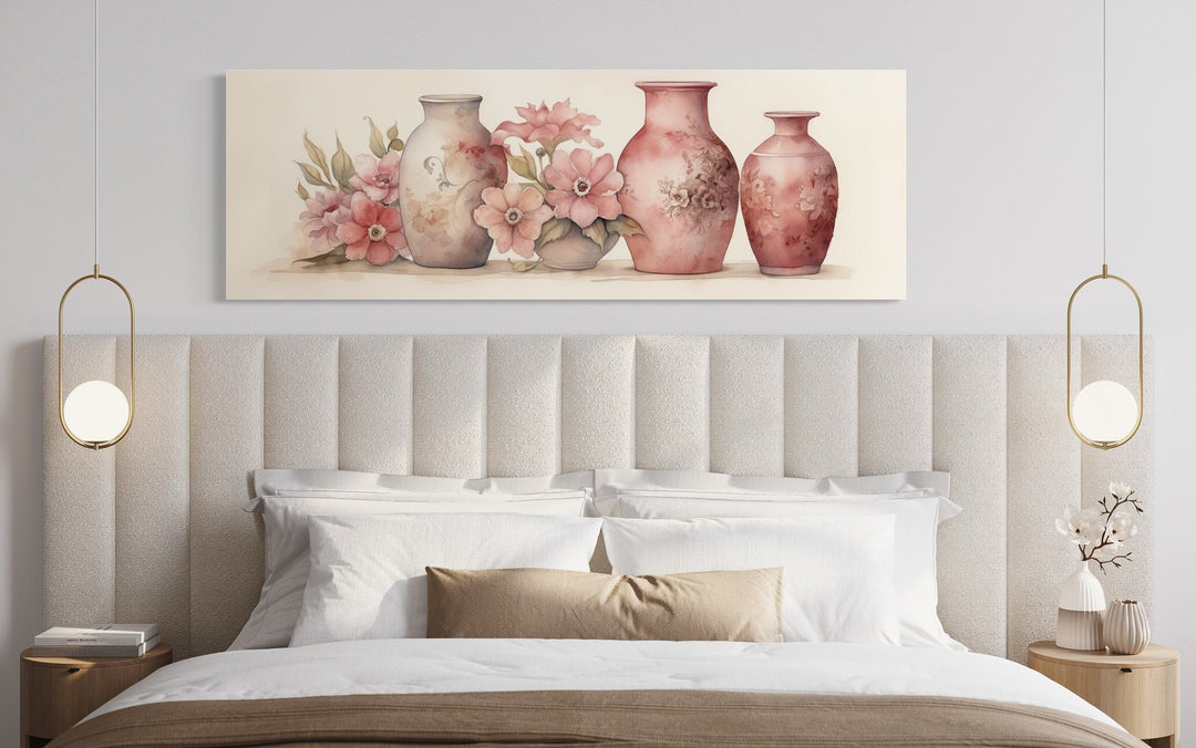 Blush Pink Sage Green Long Horizontal Floral Vases Framed Canvas Wall Art