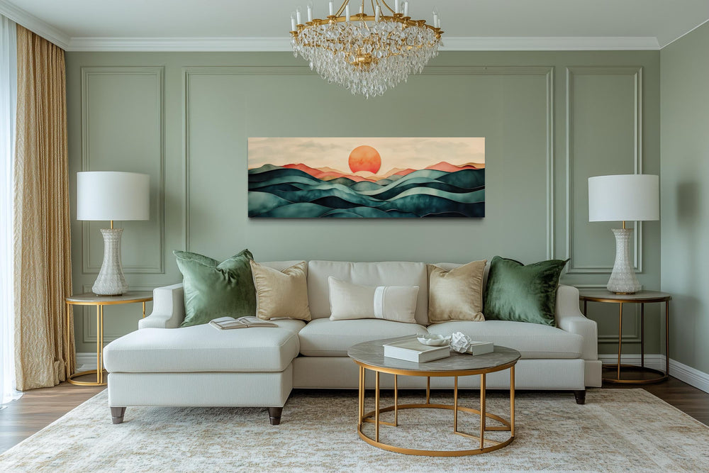 Blush Pink and Green Teal Mountain Sunset Long Horizontal Above Bed Canvas Wall Art