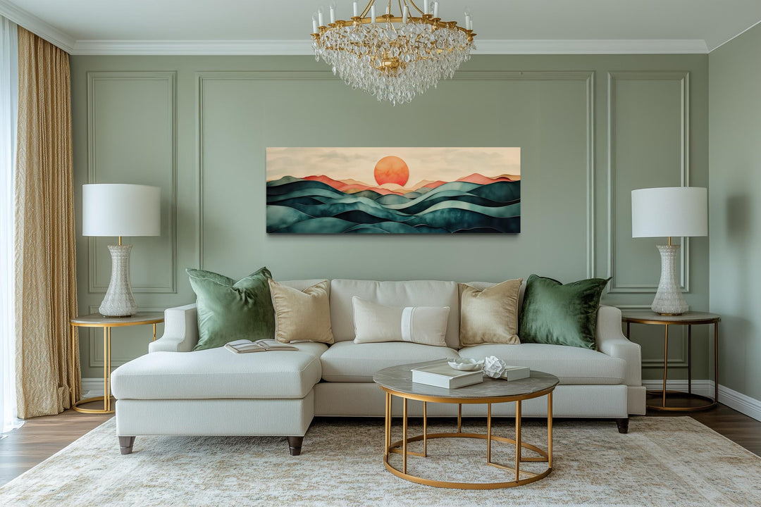 Blush Pink and Green Teal Mountain Sunset Long Horizontal Above Bed Canvas Wall Art