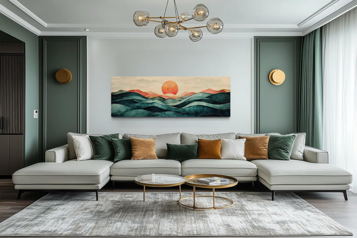 Blush Pink and Green Teal Mountain Sunset Long Horizontal Above Bed Canvas Wall Art