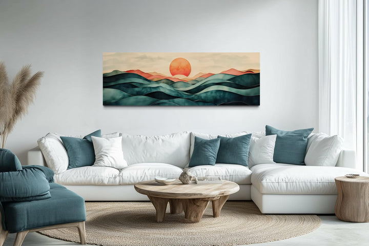 Blush Pink and Green Teal Mountain Sunset Long Horizontal Above Bed Canvas Wall Art