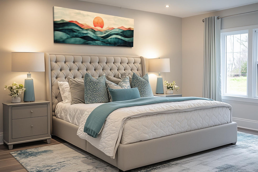 Blush Pink and Green Teal Mountain Sunset Long Horizontal Above Bed Canvas Wall Art