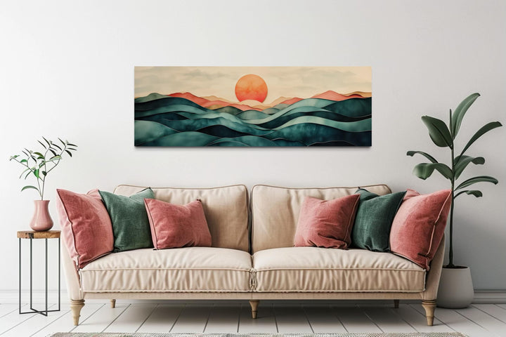 Blush Pink and Green Teal Mountain Sunset Long Horizontal Above Bed Canvas Wall Art