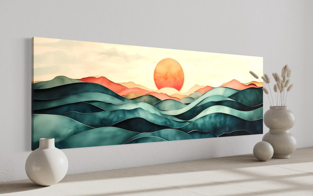 Blush Pink and Green Teal Mountain Sunset Long Horizontal Above Bed Canvas Wall Art