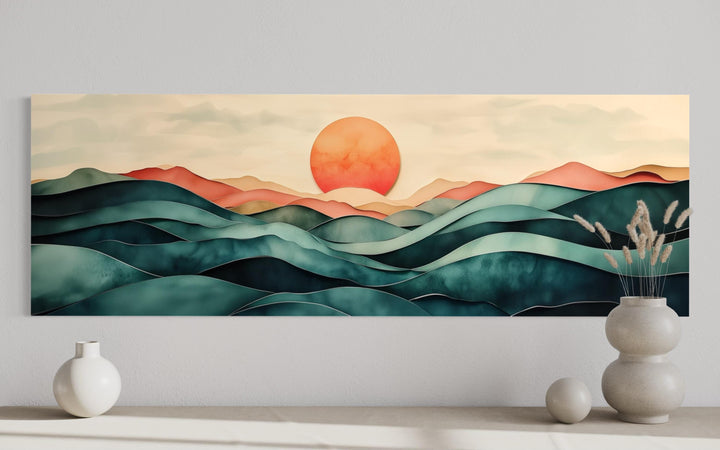 Blush Pink and Green Teal Mountain Sunset Long Horizontal Above Bed Canvas Wall Art