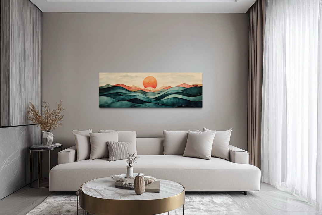 Blush Pink and Green Teal Mountain Sunset Long Horizontal Above Bed Canvas Wall Art