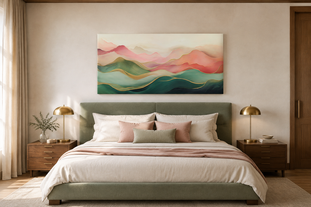 Abstract mountain canvas wall art in blush pink and green above a bed in a modern bedroom.