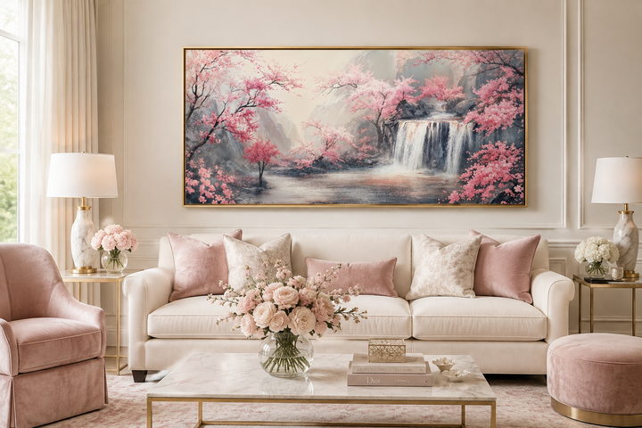 Framed canvas wall art of a grey waterfall and blush pink cherry blossoms in a living room.