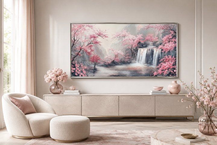 Blush pink cherry blossom and grey waterfall framed canvas wall art in a modern living room.