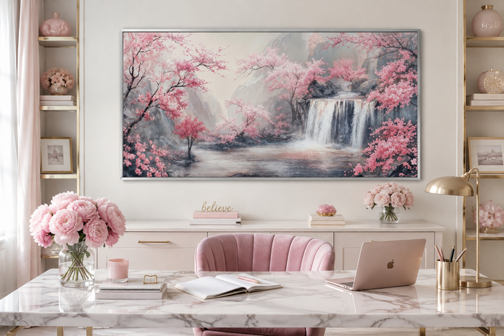 Blush pink cherry blossom and grey waterfall framed canvas wall art in a modern office setting.