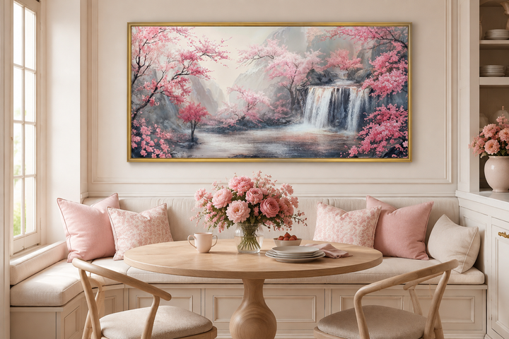 Blush pink cherry blossom and grey waterfall framed canvas wall art in a dining nook.