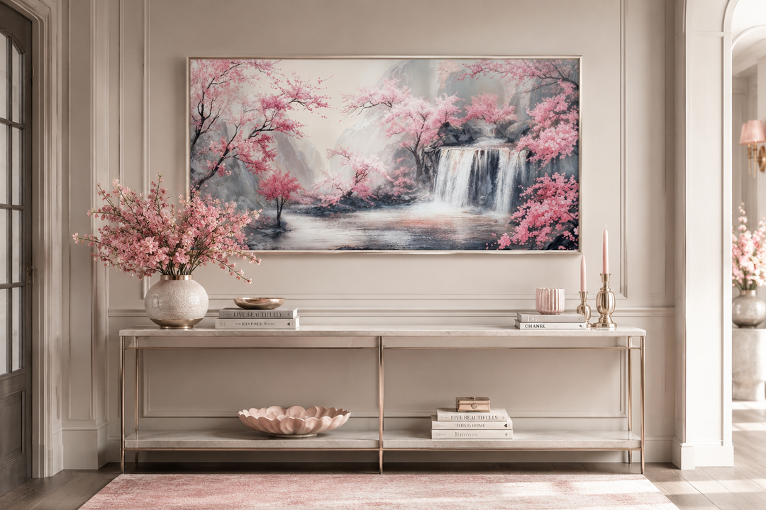 Blush pink cherry blossom and grey waterfall framed canvas wall art above a console table.