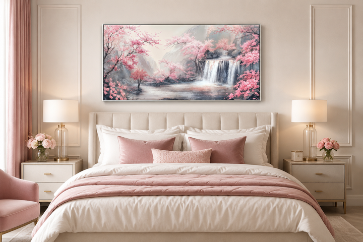 Framed canvas wall art of a grey waterfall and blush pink cherry blossoms above a bed.