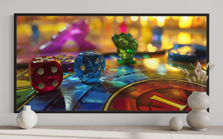 Board Game Wall Art - Framed Canvas Print with Rolling Dice for Game Room Decor