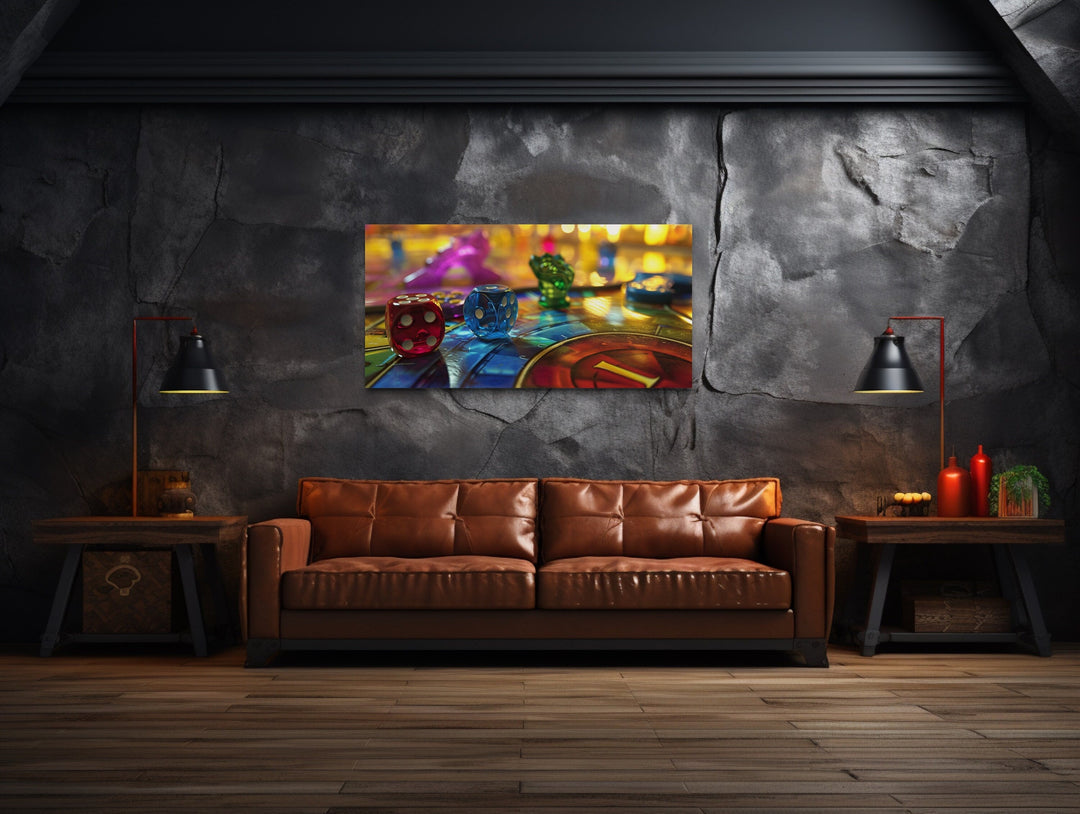 Board Game Wall Art - Framed Canvas Print with Rolling Dice for Game Room Decor
