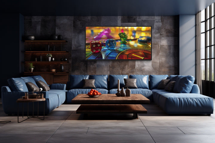 Board Game Wall Art - Framed Canvas Print with Rolling Dice for Game Room Decor