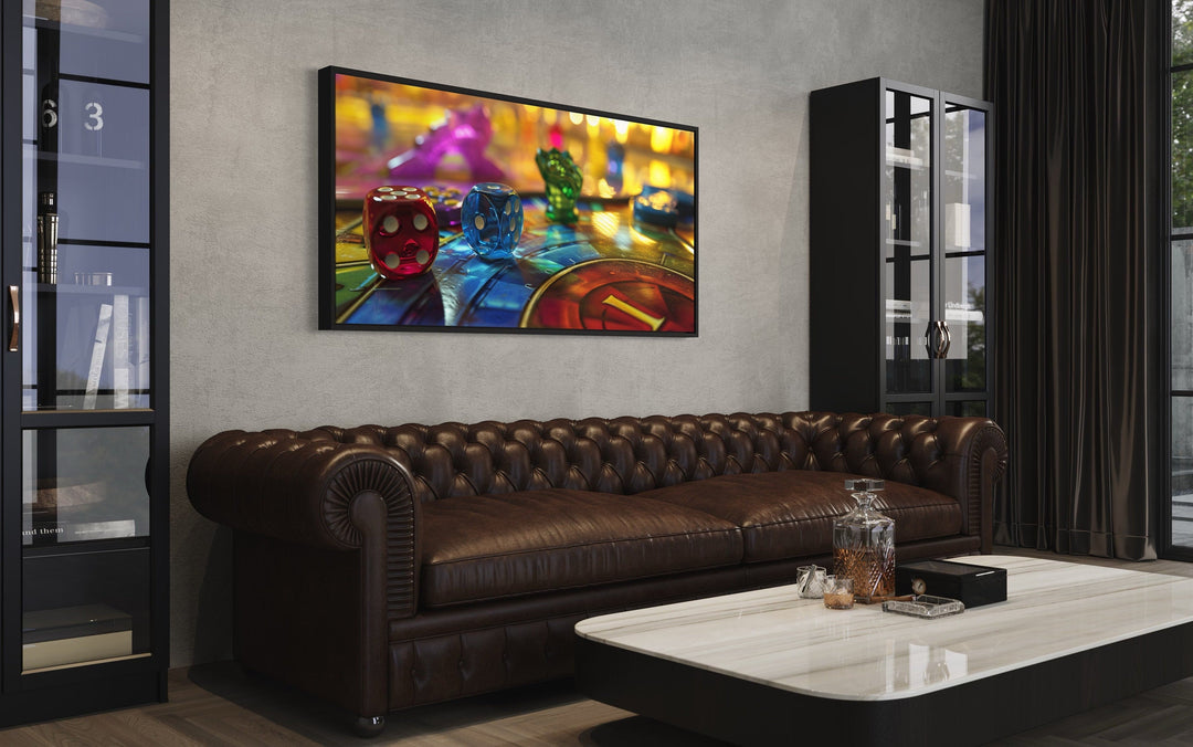 Board Game Wall Art - Framed Canvas Print with Rolling Dice for Game Room Decor