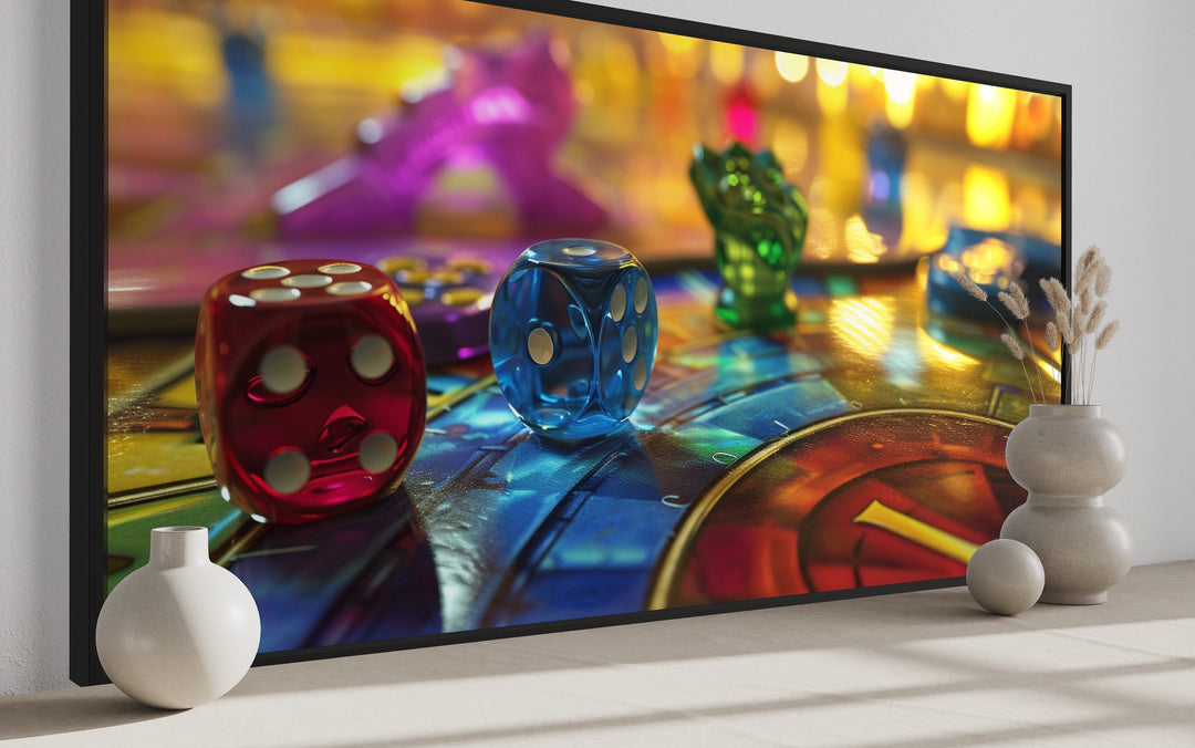 Board Game Wall Art - Framed Canvas Print with Rolling Dice for Game Room Decor