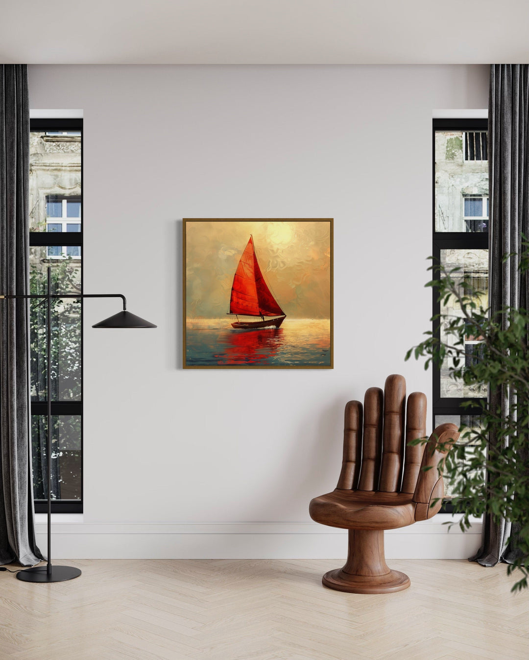 Boat With Red Sails In Golden Sunset Nautical Framed Canvas Wall Art