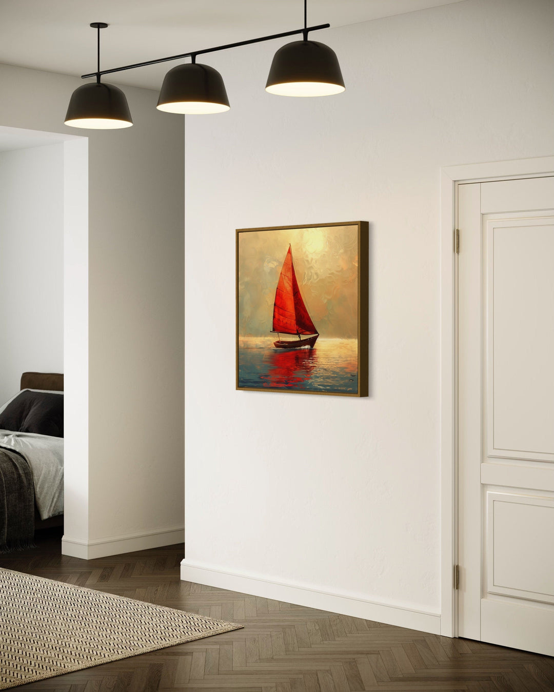 Boat With Red Sails In Golden Sunset Nautical Framed Canvas Wall Art