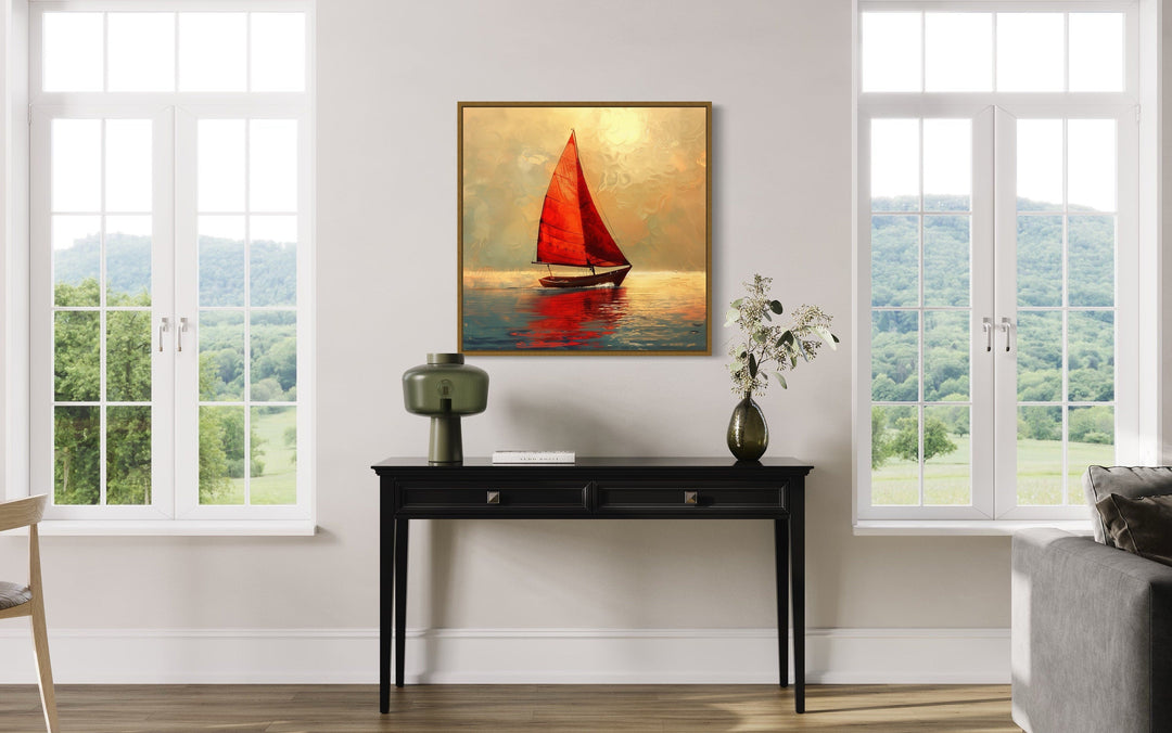 Boat With Red Sails In Golden Sunset Nautical Framed Canvas Wall Art