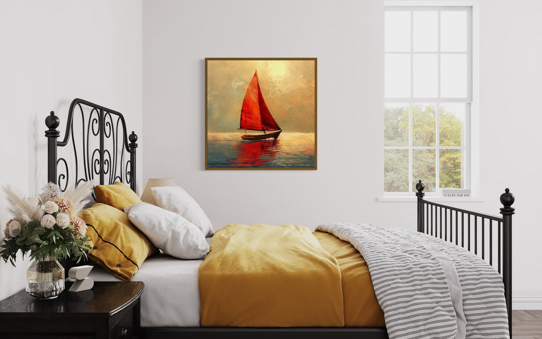 Boat With Red Sails In Golden Sunset Nautical Framed Canvas Wall Art