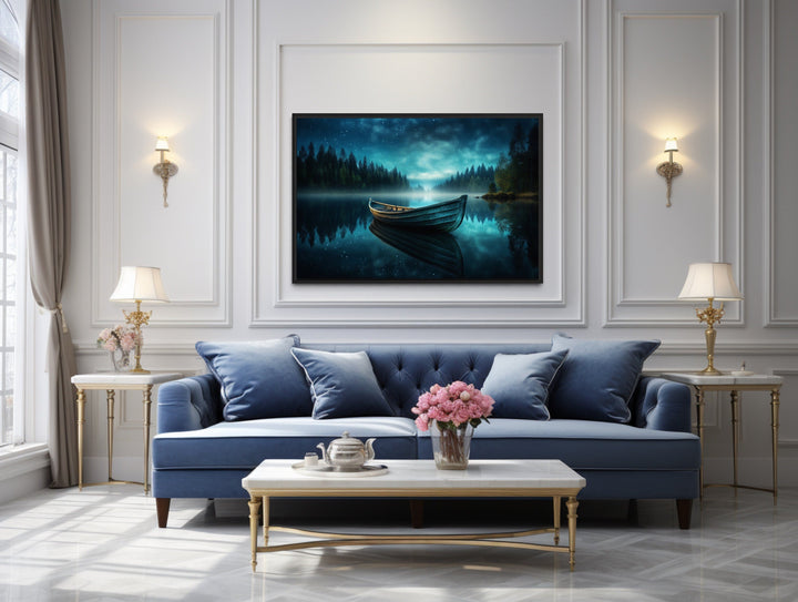 Boat in The Lake Under Starry Night Framed Canvas Wall Art