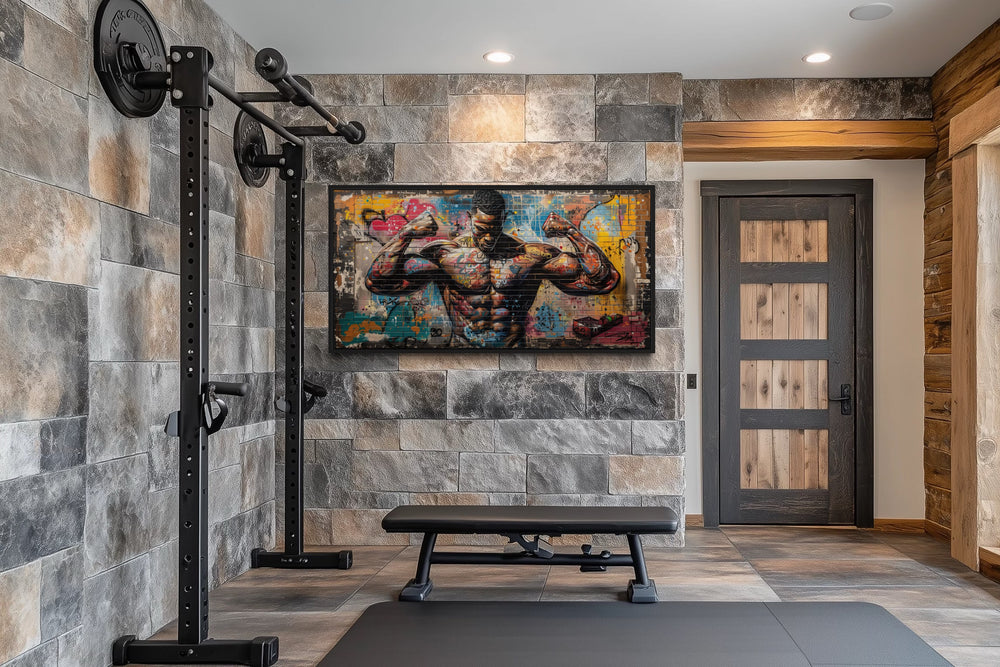 Bodybuilder Graffiti Wall Art – Framed Canvas Gym Painting for Fitness Room Decor