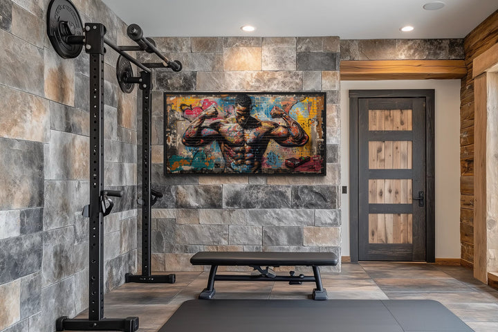 Bodybuilder Graffiti Wall Art – Framed Canvas Gym Painting for Fitness Room Decor
