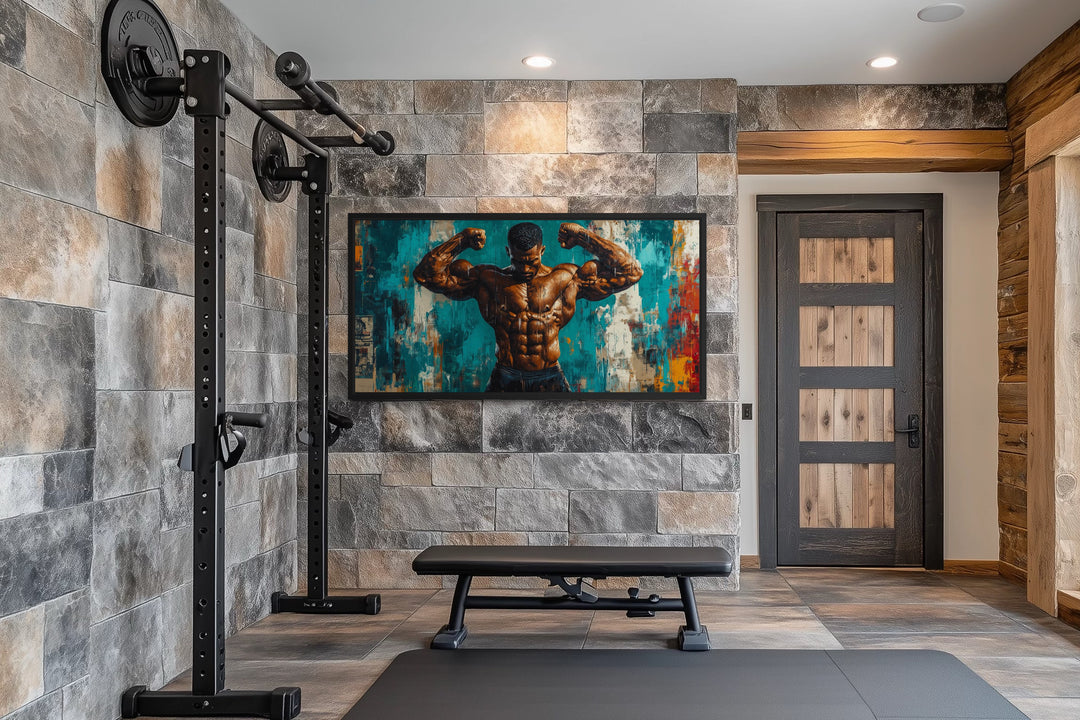 Bodybuilder graffiti framed canvas wall art for a fitness room.