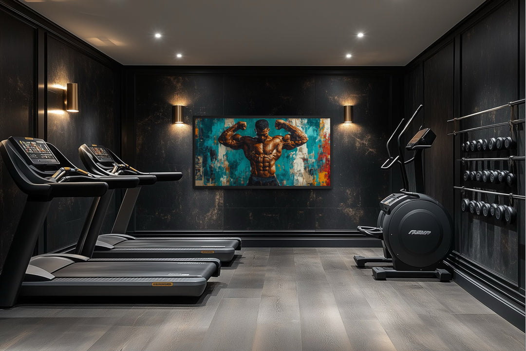 Bodybuilder graffiti framed canvas art for a fitness room.